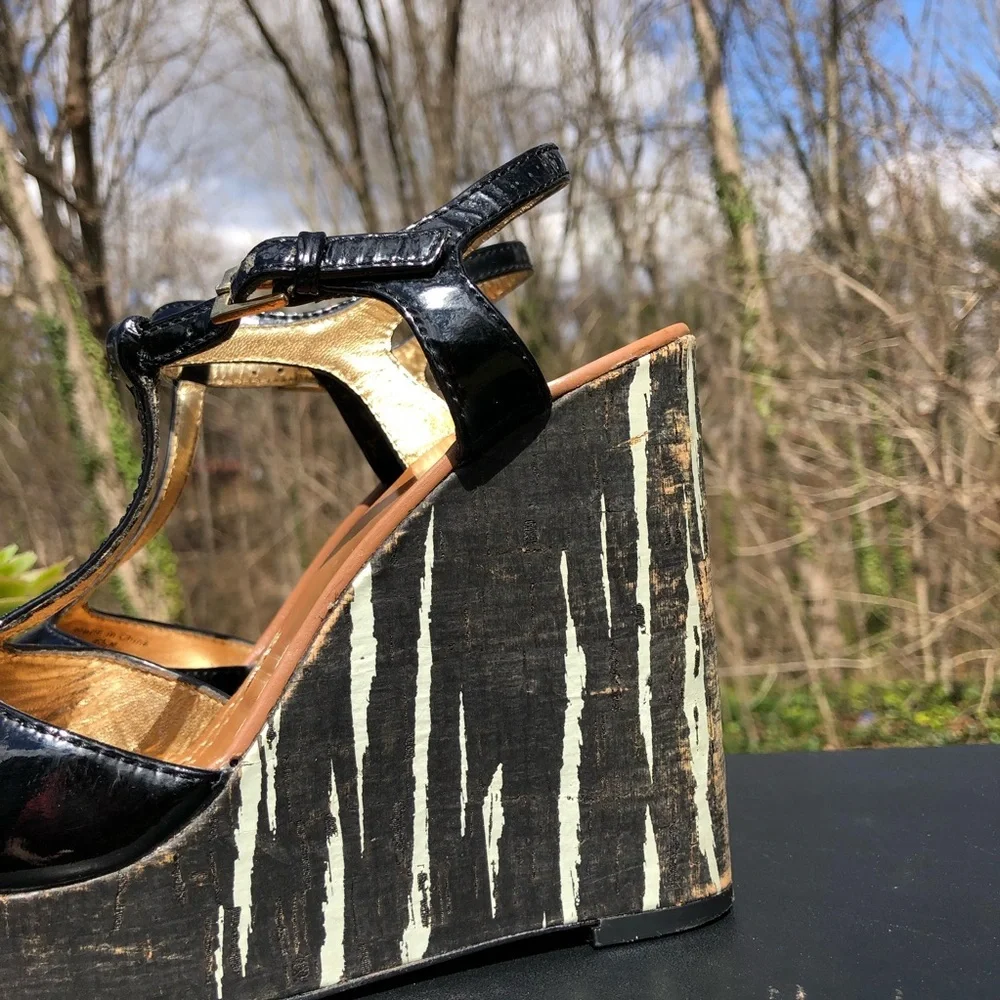 KATE SPADE New York Black Patent Leather Cork Wedge Platform Size 6.5‎ M (b10)